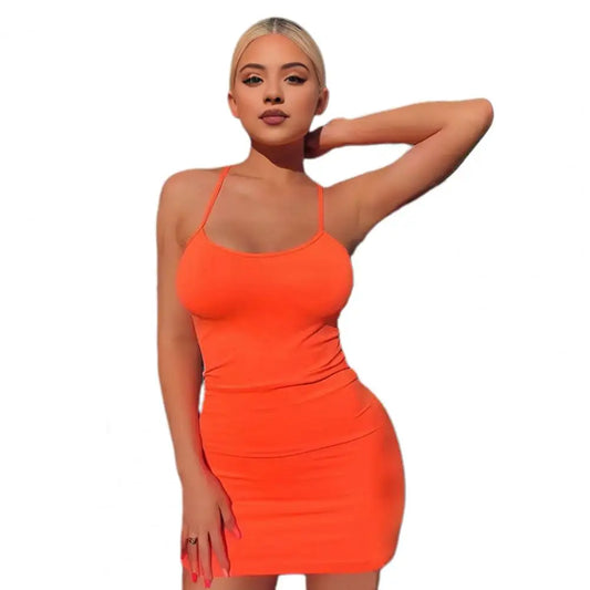 2 Pcs/Set Sexy Hot Girl Dress Panties Solid Color Sheath Skinny Spaghetti Strap Stretchy Low-Cut Slim Club Party Mini Dress