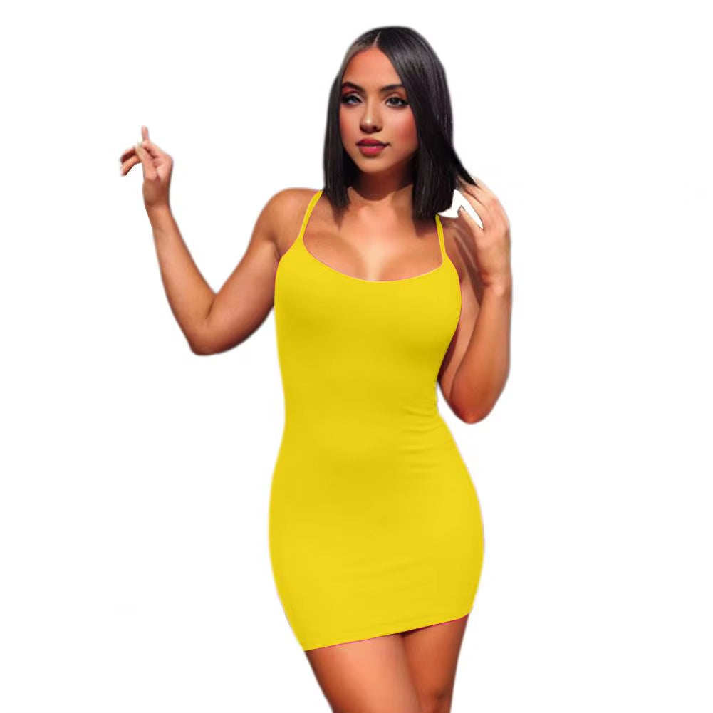 2 Pcs/Set Sexy Hot Girl Dress Panties Solid Color Sheath Skinny Spaghetti Strap Stretchy Low-Cut Slim Club Party Mini Dress