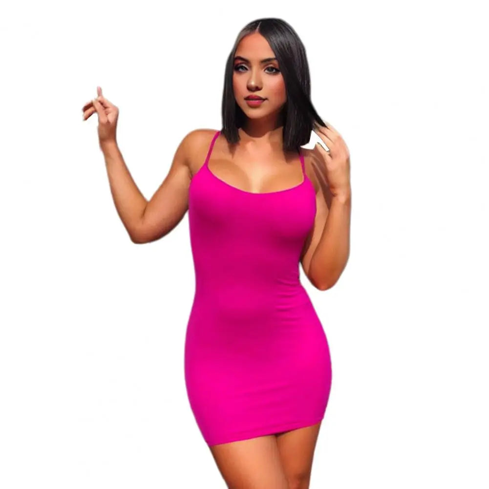2 Pcs/Set Sexy Hot Girl Dress Panties Solid Color Sheath Skinny Spaghetti Strap Stretchy Low-Cut Slim Club Party Mini Dress
